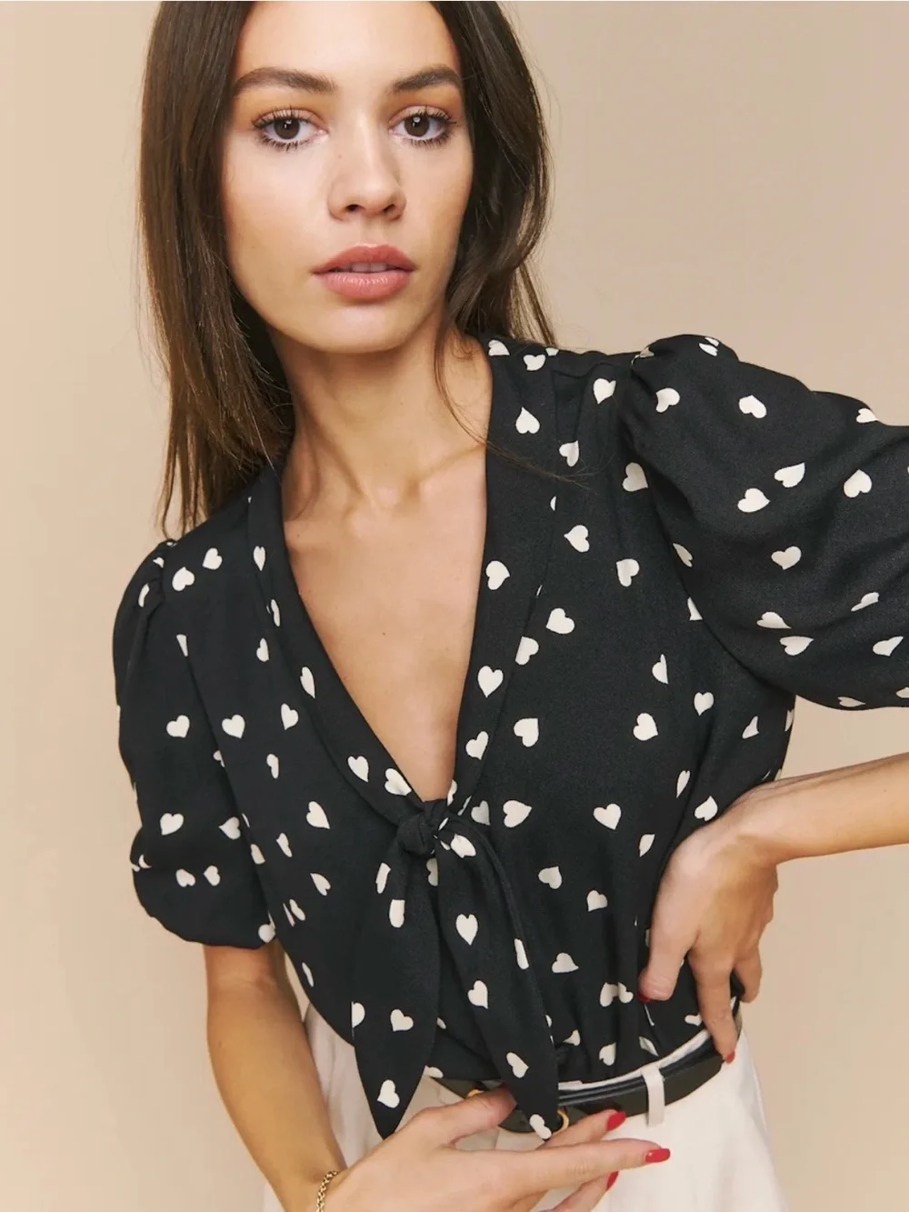 Reformation Black Heart-Print Tie-Neck Blouse